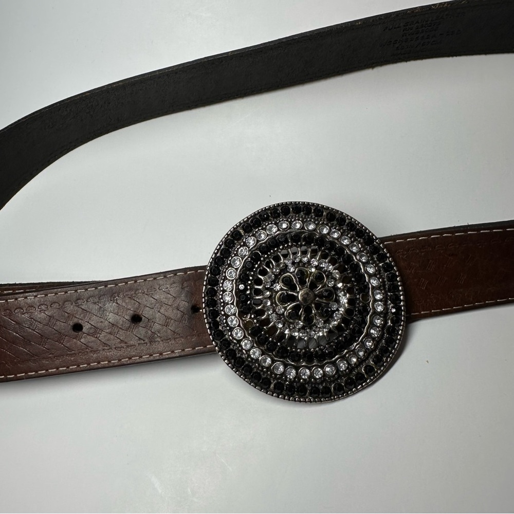 Western Belt Rhinestone Brass Medallion Leather Size L/XL 35"-40" Boho Festival - Picture 4 of 11